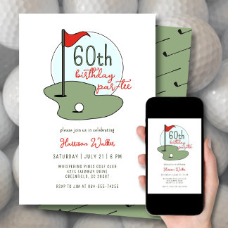 Golf 60th Birthday Party Hand Drawn Modern Green Invitation