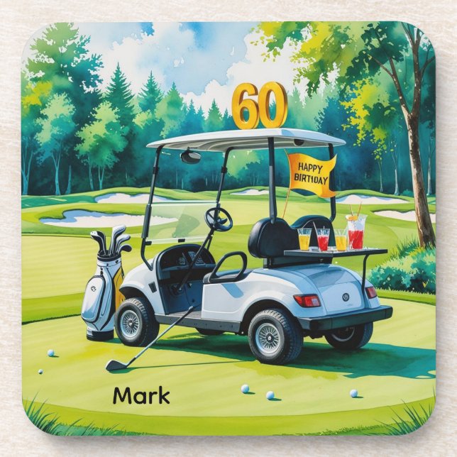 Golf 60th birthday with golf cart on green  beverage coaster (Front)