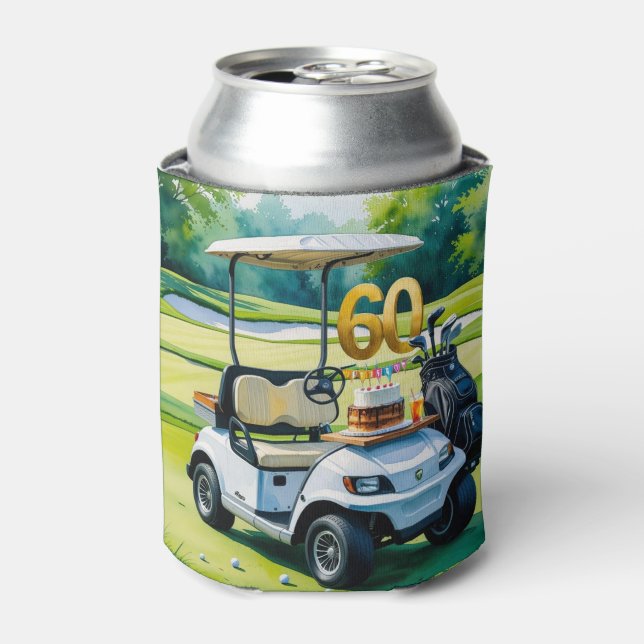 Golf 60th Birthday with golf cart on green  Can Cooler (Can Front)