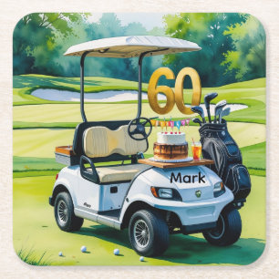 Golf 60th birthday with golf cart on green square paper coaster