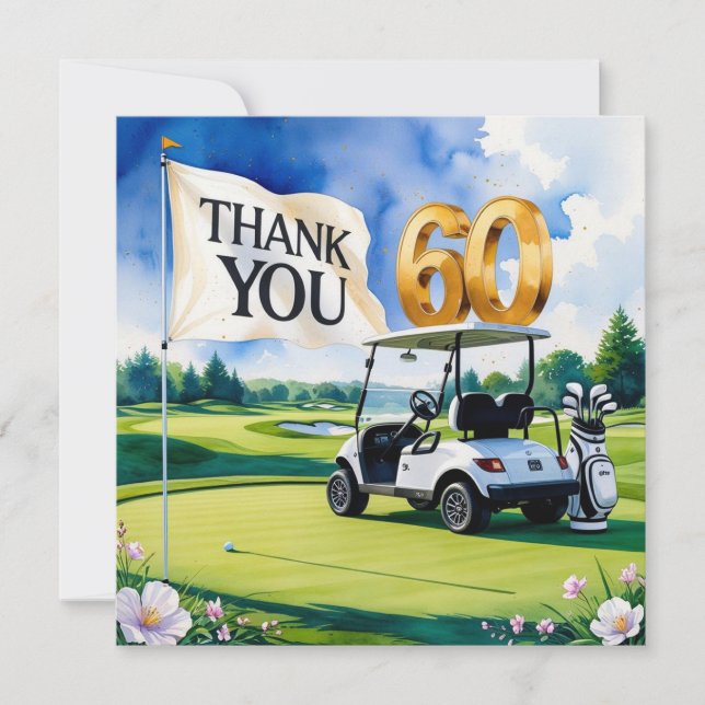 Golf 60th Birthday with golf cart on green Thank You Card (Front)