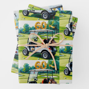 Golf 60th Birthday with golf cart on green Wrapping Paper Sheets