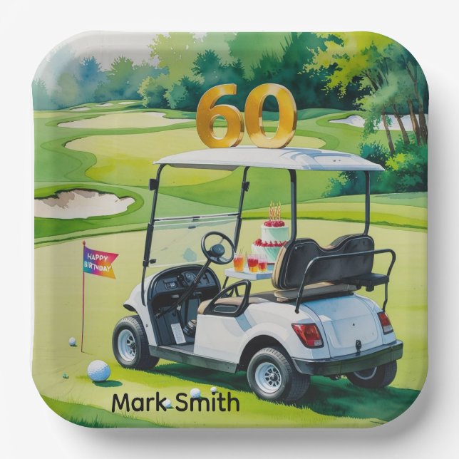 Golf 60th Birthday with Golf Cart on putting Green Paper Plates (Front)