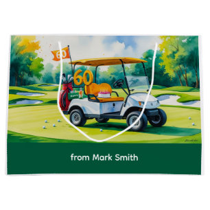 Golf 60th Birthday with golf cart watercolor Large Gift Bag