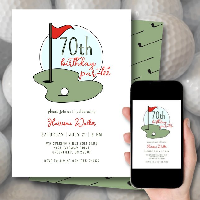 Golf 70th Birthday Party Hand Drawn Modern Green Invitation (Creator Uploaded)