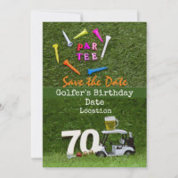Golf 70th Birthday Party with golf ball tee cart Invitation