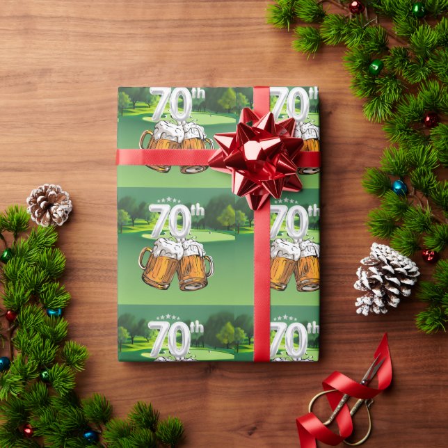 Golf 70th Birthday to golfer with beer Wrapping Paper (Holiday Gift)