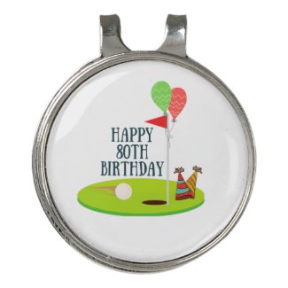 Golf 80th Birthday at golf flag with balloon Golf Hat Clip