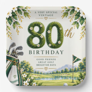 Golf 80th Birthday Green Watercolor Golf Course Paper Plates