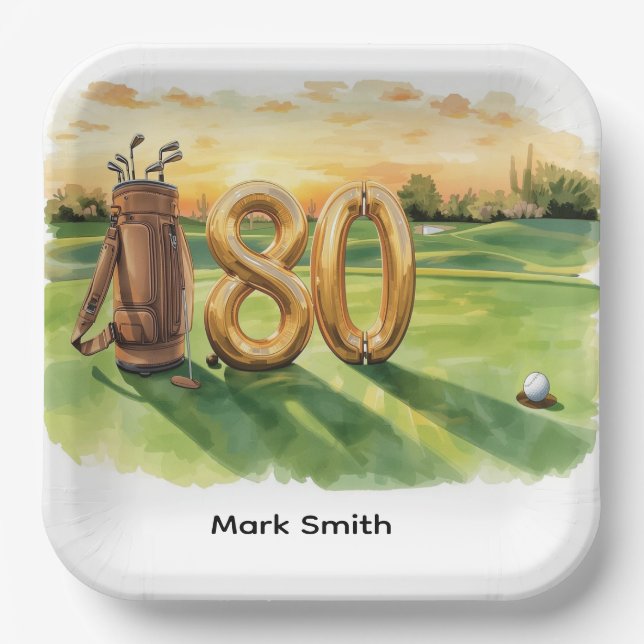 Golf 80th Birthday with golf ball  Arizona golfer Paper Plates (Front)