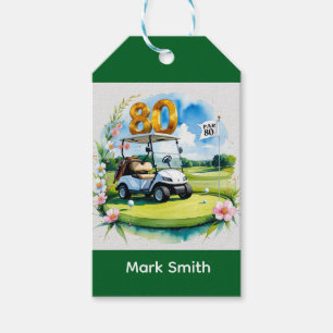 Golf 80th birthday with golf cart on green gift tags