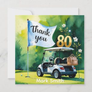 Golf 80th Birthday with golf cart on green Thank You Card