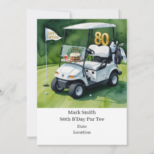 Golf 80th Birthday with Golf Cart on putting Green Invitation