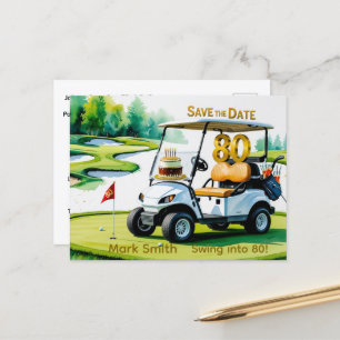 Golf 80th Birthday with Golf Cart on Putting Green Postcard