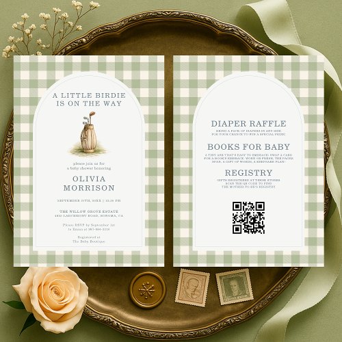 Golf Sage green Gingham or plaid baby shower invitation