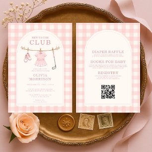 Golf All in One Pink Girl Gingham Baby Shower Invitation