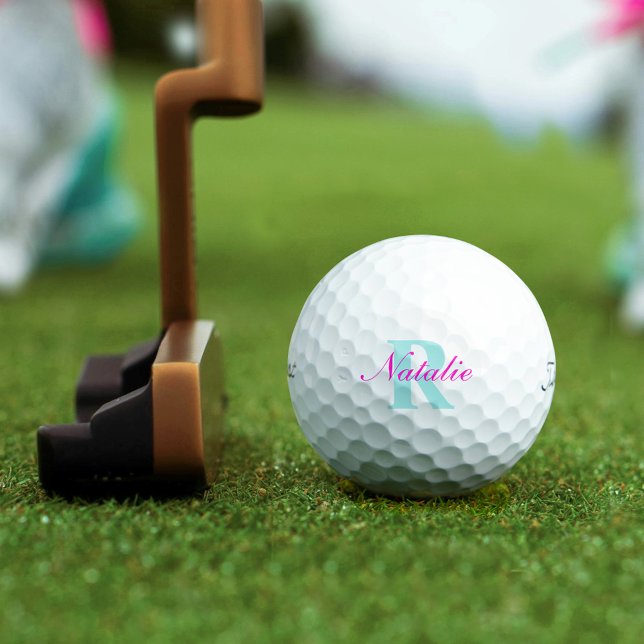 Golf aqua blue pink monogram name initial balls (Creator Uploaded)