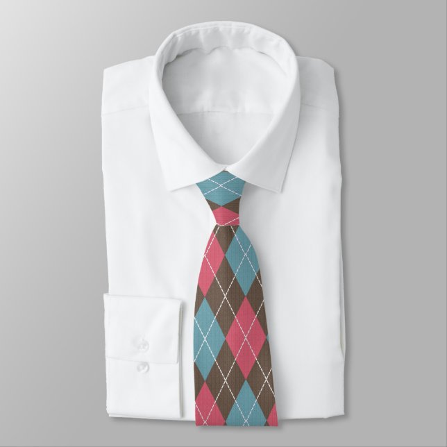 Golf Argyle in Modern palette of Taupe, Pink, Blue Neck Tie (Tied)