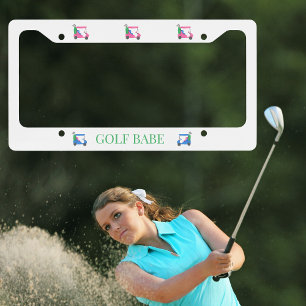 Golf Babe White with Pink & Blue Golf Carts Golfer License Plate Frame