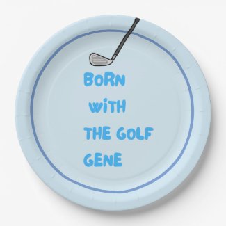 Golf baby boy Born with the golf gene on blue   Paper Plate
