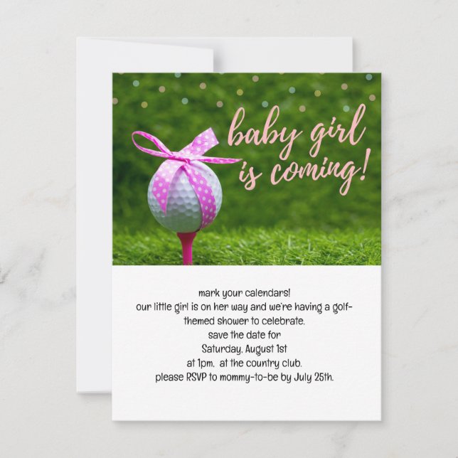 Golf baby girl is coming with ball pink ribbon inv invitation (Front)