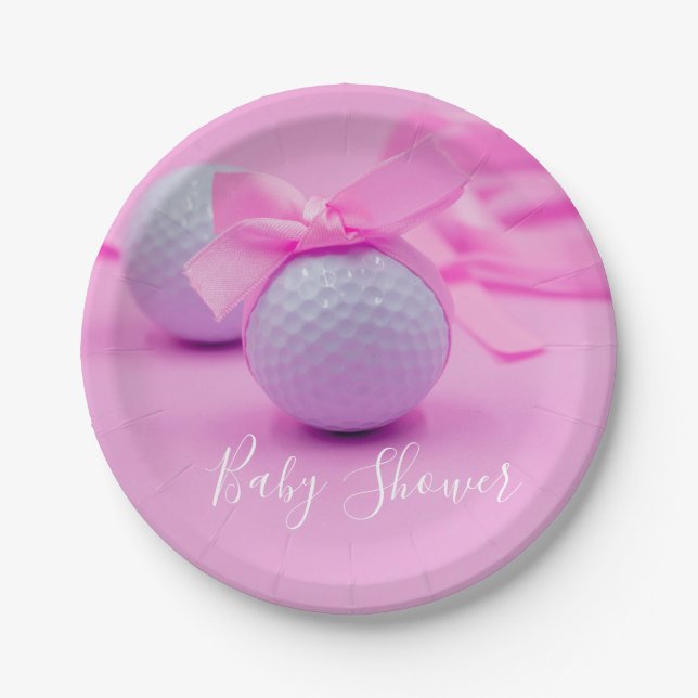 Golf baby shower baby girl with pink ribbon paper plates (Front)