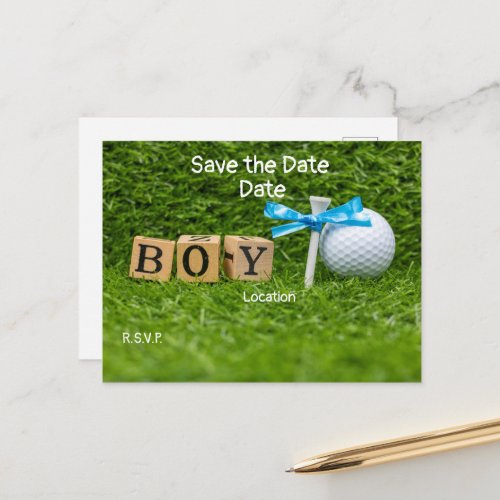Golf baby shower boy with blue ribbon on green pos postcard