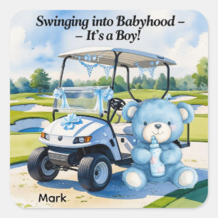 Golf Baby Shower Boy with Teddy Bear Golf Cart Square Sticker