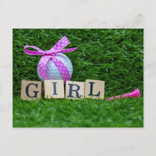 Golf baby shower girl with pink ribbon and crown postcard