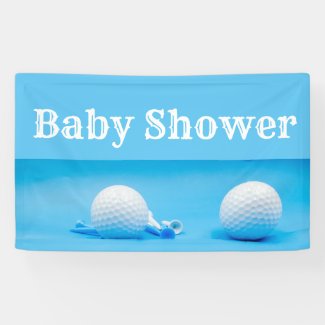 Golf baby shower with golf ball and tee on blue banner