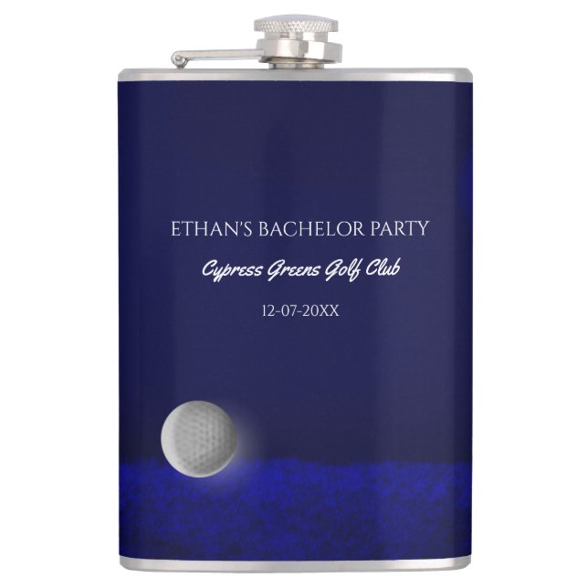 Golf Bachelor Party golf ball and course navy blue Flask (Front)
