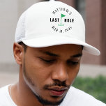 Golf Bachelor Party Last Hole Trucker Hat<br><div class="desc">This custom trucker hat features the playful phrase "Last Hole" along with a golfer image, perfect for a golf-themed bachelor party. Personalize it with the groom's name and date for a fun and memorable touch. Ideal for the groom and his friends, this hat adds a humorous and unique element to...</div>