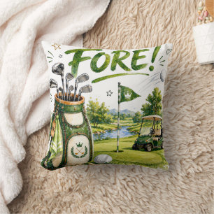 Golf Bag and Cart with Fore Golfer Home decor Throw Pillow