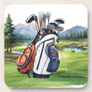 Golf bag at golf course watercolor beverage coaster