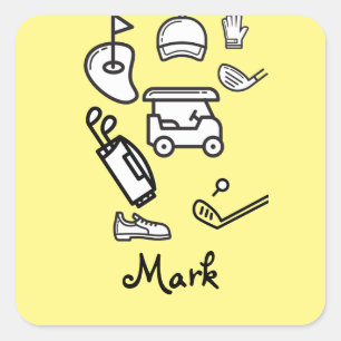 Golf bag cart cap glove flag tee shoe on yellow  square sticker