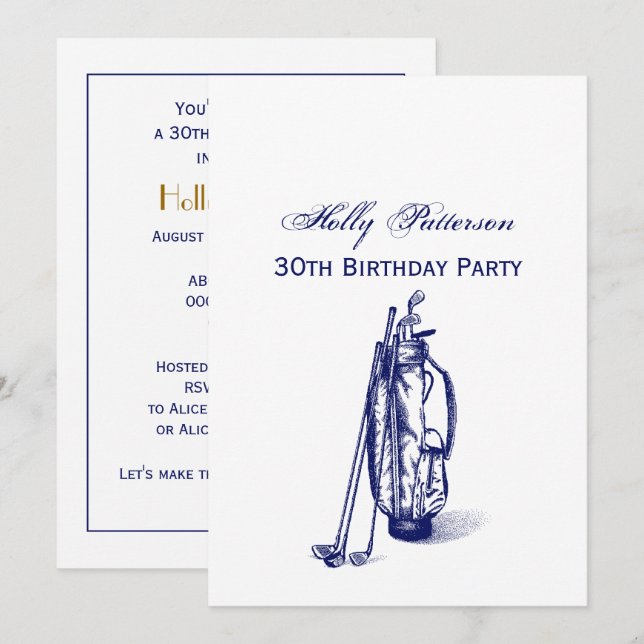 Golf Bag Golf Clubs Blue 30th Birthday Party Invitation (Front/Back)