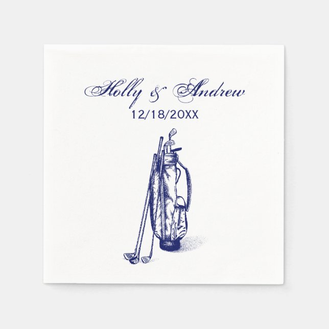 Golf Bag Golf Clubs Blue Couple Wedding Napkins (Front)