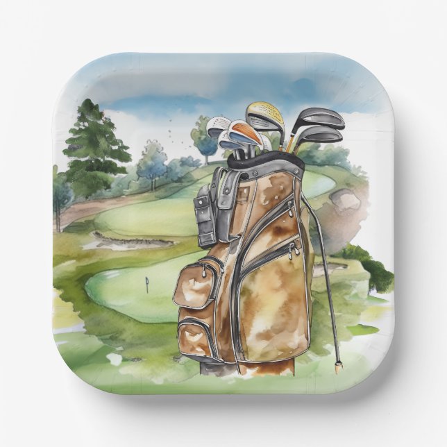 Golf bag on golf course paper plates (Front)