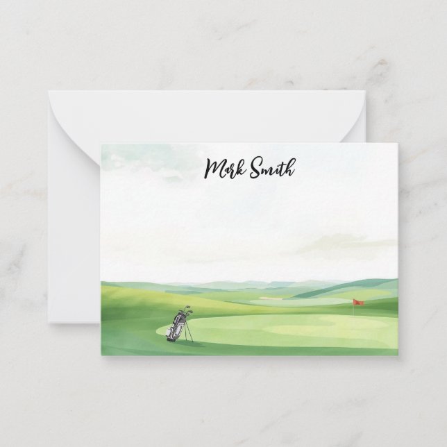 Golf Bag on the Course with Name for Golfer Note Card (Front)