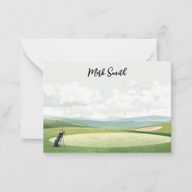 Golf Bag on the Course with Name for Golfer Note Card (Front)