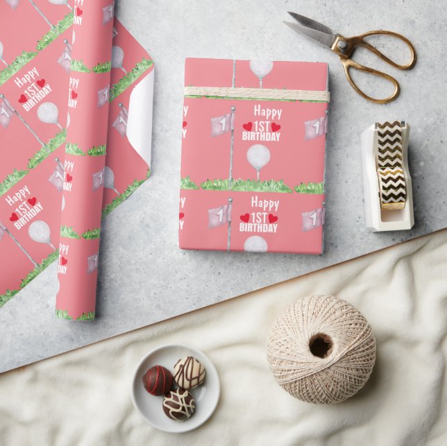 Golf ball 1st Birthday with ball and flag on pink Wrapping Paper (Crafts)