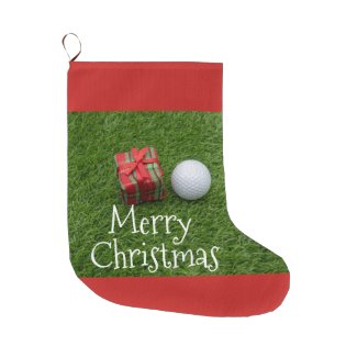 Golf ball and Christmas Present on green grass Large Christmas Stocking
