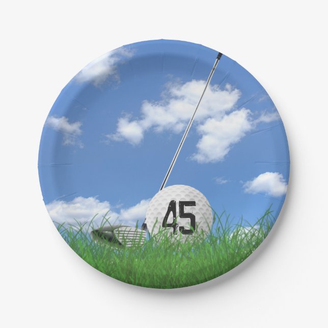 Golf Ball and club for 45th birthday Paper Plates (Front)