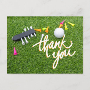 Golf ball and colorful tee green grass thank you postcard