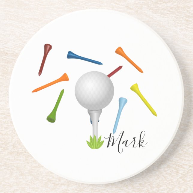 Golf ball and colorful tee on white  coaster (Front)
