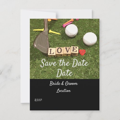 Golf ball and colorful tees and iron Save the Date Postcard