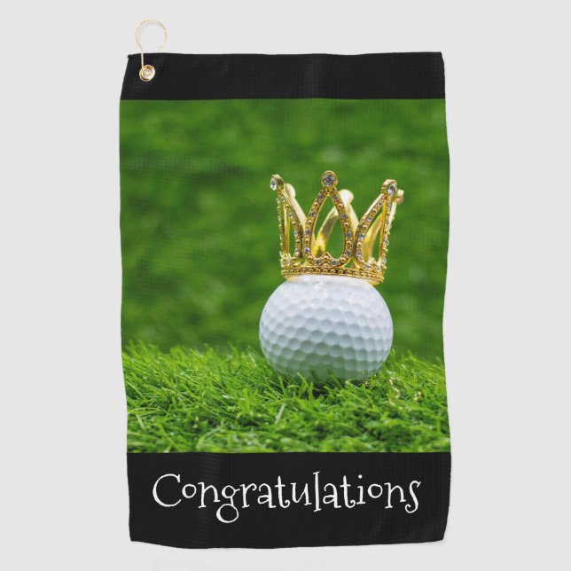 Golf ball and diamond crown congratulations golfer towel (Front)
