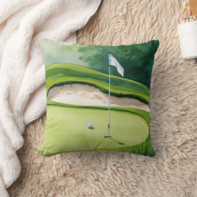 Golf ball and flag on putting green throw pillow (Blanket)