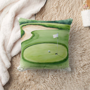 Golf ball and flag on putting green throw pillow