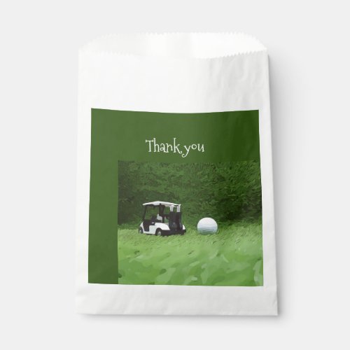 Golf ball and golf cart are on green golfer favor bag